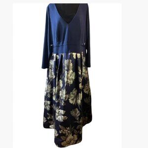 Xscape Maxi Brocade Formal Cocktail Dress Navy and Gold Size 22  EUC